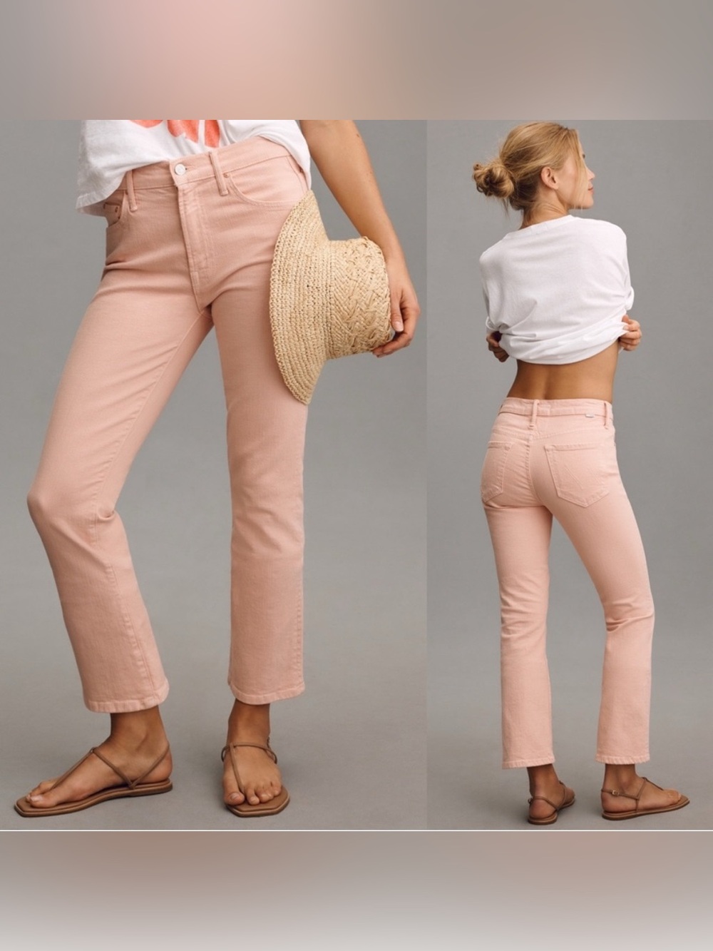 MOTHER The Insider Hover High Rise Crop Flare Jeans Peach Parfait Pink 26
